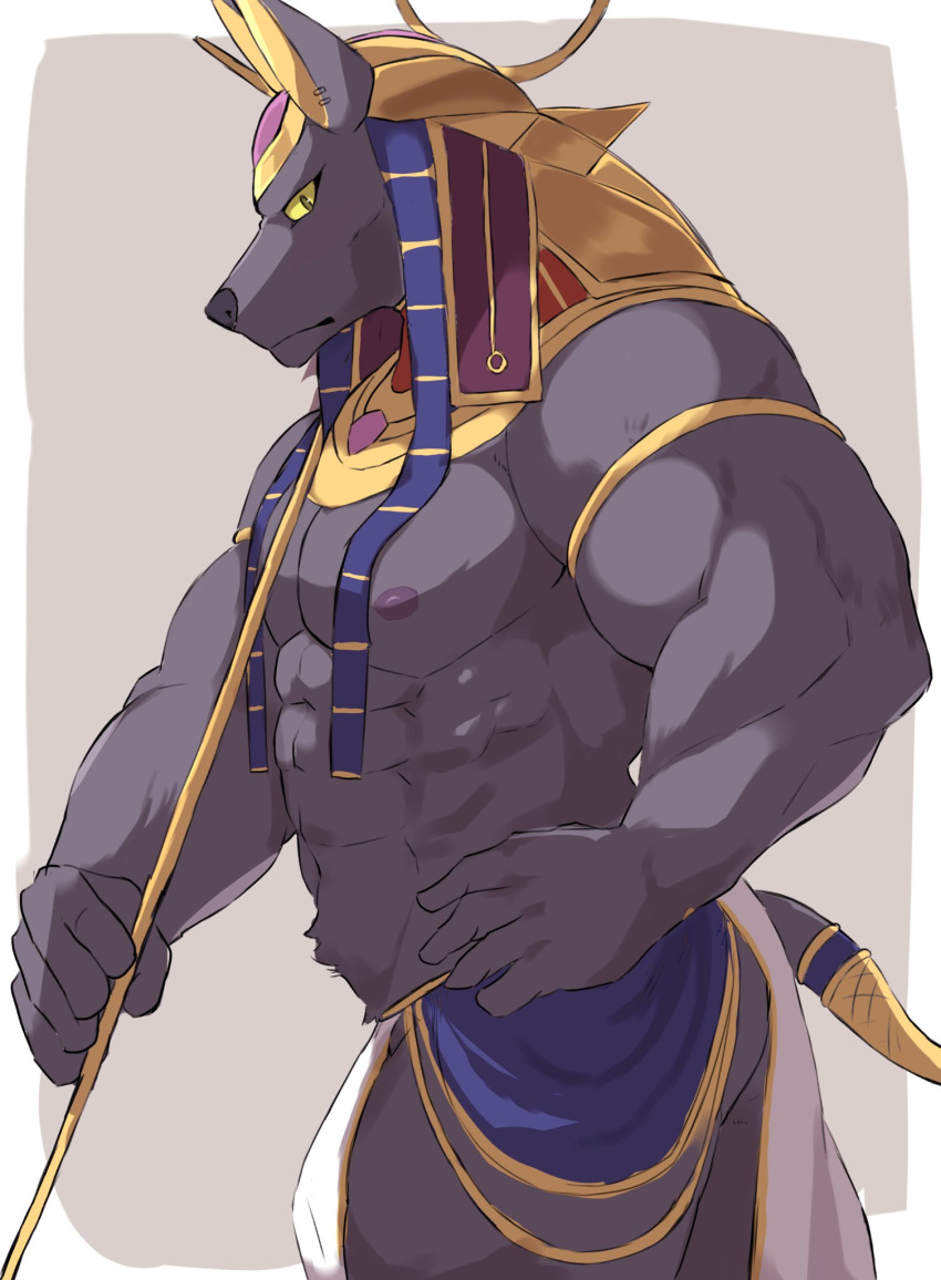 2020 abs anthro anubian_jackal anubis armband biceps black_body black_fur butt cane canid canine canis clothed clothing deity ear_piercing ear_ring egyptian_clothing egyptian_headdress egyptian_mythology fur hand_on_hip hi_res jackal jewelry looking_at_viewer male mammal middle_eastern_mythology muscular muscular_anthro muscular_male mythology nipples pecs piercing pinup portrait pose quads side_view simple_background solo tail_jewelry tail_ring three-quarter_portrait triceps yellow_eyes yellow_sclera yoshizaurusu_n