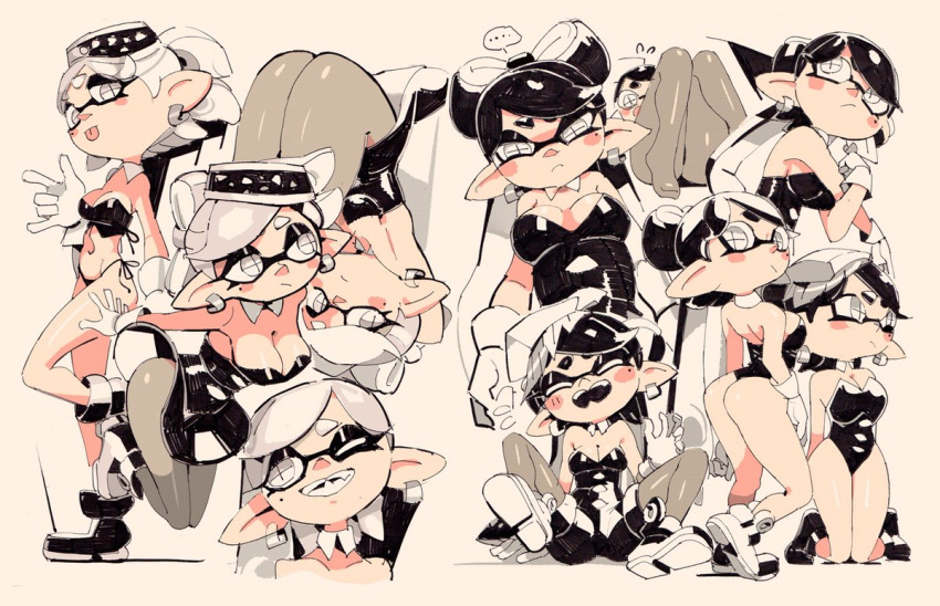 +_+ ... 2girls aori_(splatoon) bare_legs bikini bikini_bottom black_dress black_footwear black_hair black_jumpsuit blush breasts cleavage cousins domino_mask dress earrings food food_on_head gloves grey_hair grey_legwear hotaru_(splatoon) jewelry knees_up long_hair mask medium_breasts midriff mole mole_under_eye multiple_girls multiple_views object_on_head one_eye_closed pantyhose pointy_ears shoes short_jumpsuit sitting splatoon_(series) spoken_ellipsis standing swimsuit tentacle_hair tongue tongue_out white_eyes white_gloves yuta_agc