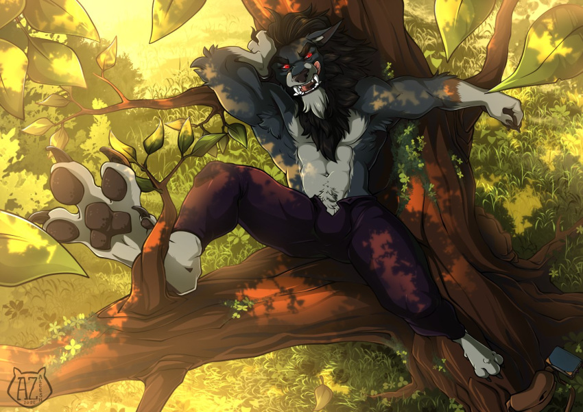 3_toes abs anthro arm_tuft armpit_hair athletic athletic_anthro athletic_male azaleesh bag barefoot black_claws black_hair black_nose blizzard_entertainment body_hair book bottomwear canid canine claws clothed clothing elbow_tufts fangs fur grey_body grey_fur hair hand_on_head in_tree licking licking_lips looking_at_viewer male mammal muscular muscular_anthro muscular_male nature navel open_mouth outside pants pawpads paws plant pubes raised_leg red_eyes sitting solo splayed_toes teeth toe_claws toes tongue tongue_out topless topless_male tree tuft video_games warcraft were werecanid werecanine werewolf worgen