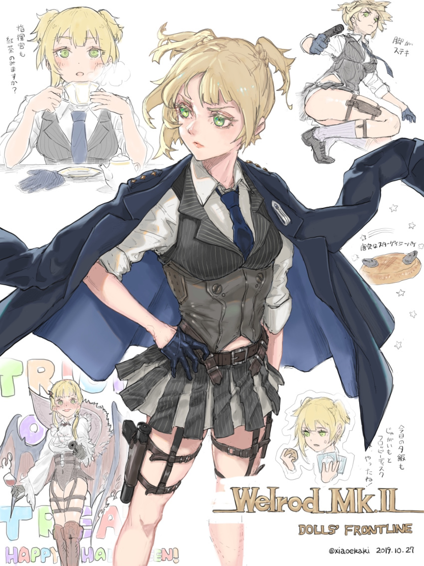 1girl alcohol alternate_costume alternate_hairstyle artist_name bangs belt belt_buckle blonde_hair blunt_bangs blush buckle cloud collared_shirt corset cup dated dress_shoes drinking drinking_glass firearm food formal frills garter_straps girls_frontline gloves gloves_removed green_eyes gun highres holding holding_cup holster jacket jacket_on_shoulders lips looking_at_viewer looking_down looking_to_the_side midriff_peek military military_jacket military_uniform multiple_views necktie open_mouth panties pinstripe_pattern pinstripe_suit pleated_skirt shirt short_hair skirt sleeves_rolled_up smile socks speech_bubble squatting star_(symbol) striped suit sweatdrop teacup thigh_holster thigh_strap twintails underwear uniform weapon welrod_mk2_(girls_frontline) white_panties white_shirt wine wine_glass wings xia_oekaki