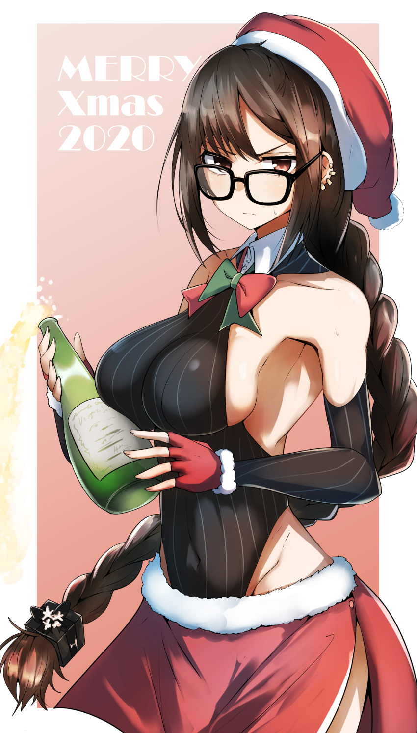 1girl absurdres bow bowtie braid breasts brown_eyes brown_hair champagne_bottle consort_yu_(fate) detached_sleeves ear_piercing fate/grand_order fate_(series) fingerless_gloves gin_moku glasses gloves hat highres long_hair merry_christmas piercing santa_hat side_slit sideboob skirt