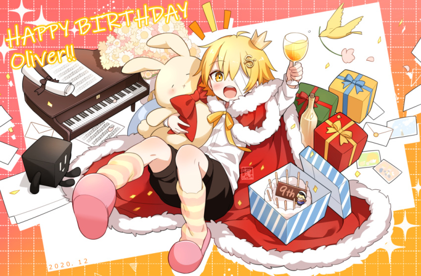 1boy bandage_over_one_eye bird birthday black_shorts blonde_hair bottle bouquet box cak cape character_name commentary crown cubi_(vocaloid) cup dal_segno_(symbol) drinking_glass english_commentary envelope flower full_body fur-trimmed_cape fur_trim gift gift_box glass happy_birthday holding holding_cup holding_stuffed_toy instrument james_(vocaloid) juice kneehighs looking_at_viewer male_focus minahoshi_taichi mini_crown mini_piano oliver_(vocaloid) one_eye_covered open_mouth paper piano red_cape scroll sheet_music shirt shorts sitting slippers smile striped_footwear stuffed_animal stuffed_bunny stuffed_toy vocaloid white_shirt wine_glass yellow_eyes