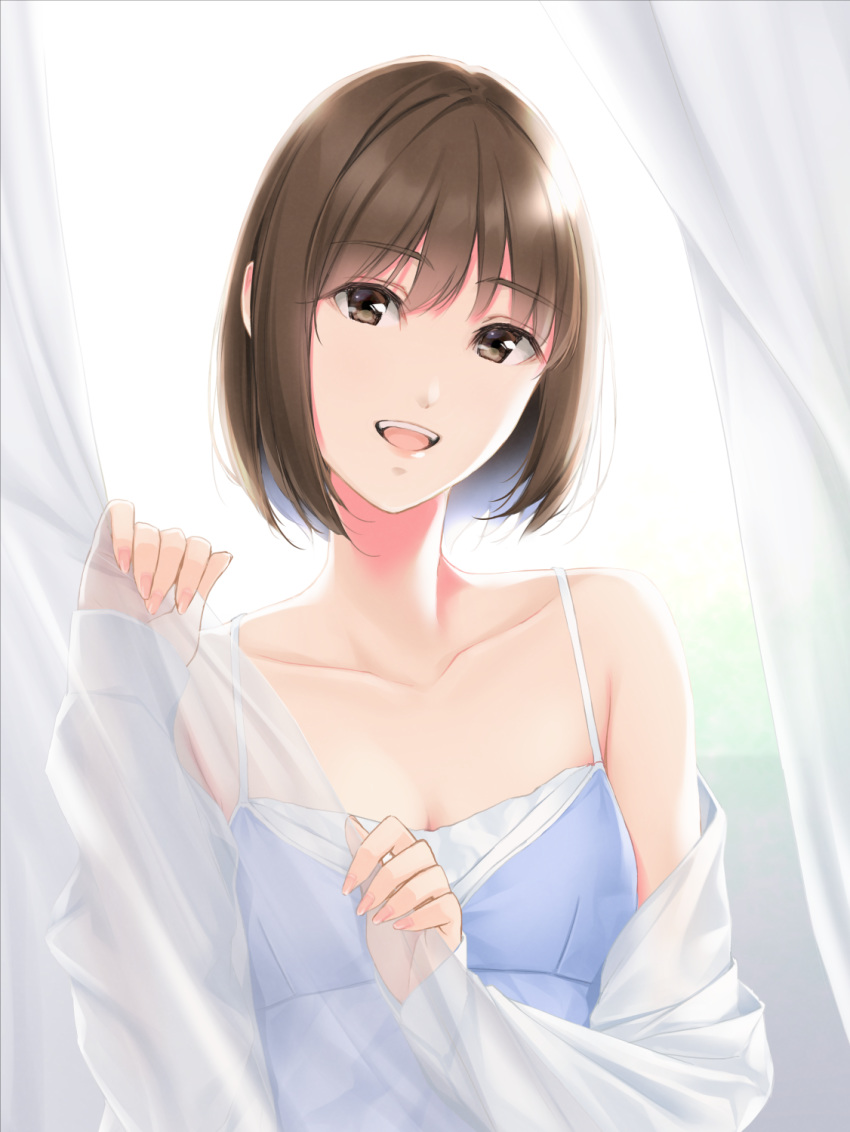 1girl blue_camisole breasts brown_eyes brown_hair camisole cleavage highres long_sleeves looking_at_viewer nayuta69 open_clothes open_mouth open_shirt original shirt small_breasts smile solo white_curtains white_shirt