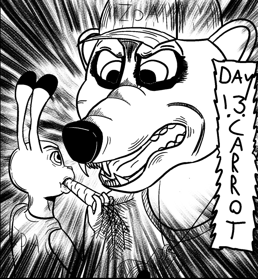 anthro attack_on_titan bared_teeth baseball_cap carrot clothing disney drill_sergeant duo ear_markings eating_food facial_markings female food hat head_markings headgear headwear hi_res j_shute judy_hopps lagomorph leporid major_friedkin_(zootopia) mammal markings monochrome plant polar_bear rabbit rage_face snarling ursid ursine vegetable whistle_(object) zootopia