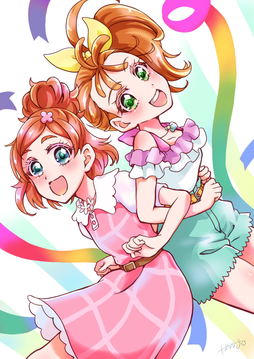 2girls :d aqua_shorts back-to-back bare_legs belt blush bow collarbone colored_eyelashes commentary cowboy_shot creator_connection dress eyebrows eyebrows_visible_through_hair flower from_side go!_princess_precure green_eyes hair_bow hair_bun hair_flower hair_ornament hair_strand happy haruno_haruka highres locked_arms long_hair looking_at_viewer looking_to_the_side multiple_girls namesake natsumi_manatsu open_mouth orange_hair pink_dress precure round_teeth shell_necklace short_hair shorts side_ponytail smile sonna877san teeth tropical-rouge!_precure upper_teeth yellow_bow