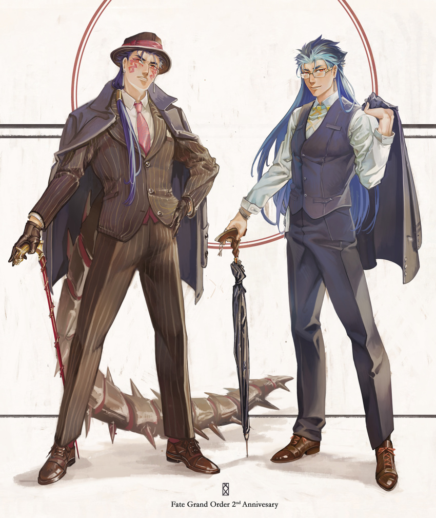 2boys alternate_costume angry beads black_gloves blue_hair buttons cane closed_mouth coat collared_shirt cu_chulainn_(fate)_(all) cu_chulainn_(fate/grand_order) cu_chulainn_alter_(fate/grand_order) dark_blue_hair dark_persona dress_shoes earrings facepaint fate/grand_order fate_(series) fedora formal full_body glasses gloves hair_beads hair_ornament hand_on_hip hat heroic_spirit_formal_dress highres iash jacket jacket_on_shoulders jewelry long_hair long_sleeves male_focus multiple_boys multiple_persona necktie overcoat pants ponytail red_eyes sharp_teeth shirt smile spiked_hair spikes standing suit tail teeth type-moon umbrella vest