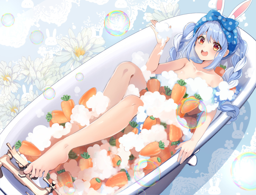 1girl abstract_background animal_ears bath bathing bathtub blue_background blue_hair braid breasts brown_eyes bubble bunny_ears carrot chocho_(homelessfox) faucet flower hand_up head_scarf hololive leg_up long_hair looking_at_viewer medium_breasts multicolored_hair open_mouth outstretched_leg plantar_flexion reclining sidelocks smile soap_bubbles solo toes twin_braids twintails two-tone_hair usada_pekora very_long_hair