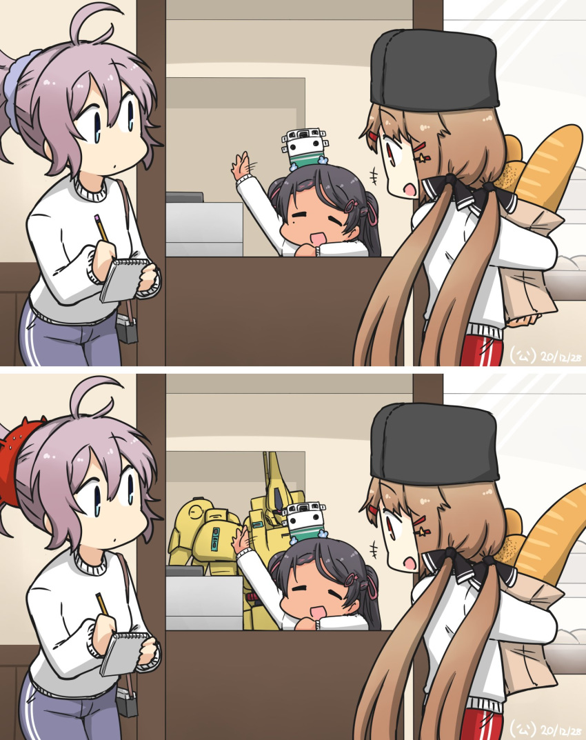 3girls abyssal_ship alternate_costume antenna_hair aoba_(kantai_collection) bag baguette bangs black_hair black_headwear bread brown_hair closed_eyes dark_skin dated enemy_lifebuoy_(kantai_collection) eyebrows_visible_through_hair food gundam hair_ornament hair_ribbon hair_scrunchie hairclip hamu_koutarou highres kantai_collection long_hair low_twintails mecha multiple_girls open_mouth pants papakha pink_hair ponytail ribbon scirocco_(kantai_collection) scrunchie short_twintails signature spot_the_differences sweater tashkent_(kantai_collection) the_o track_pants twintails white_sweater zeta_gundam