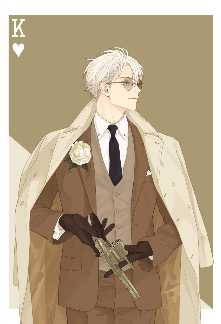 1boy bangs black_neckwear boutonniere brown_background brown_gloves brown_jacket brown_pants brown_suit brown_vest coat coat_on_shoulders collared_shirt cowboy_shot dress_shirt formal gloves gojou_satoru gun hair_between_eyes heart highres holding holding_gun holding_weapon jacket jujutsu_kaisen long_sleeves looking_away male_focus necktie open_mouth pants revolver shirt short_hair smile solo standing suit twoframe vest weapon white_coat white_hair white_shirt