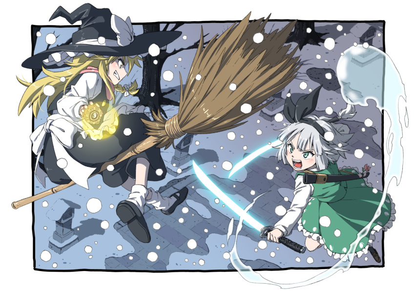 2girls apron arms_at_sides attack ba_gua bamboo_broom bangs bare_tree black_footwear black_hairband black_headwear black_skirt black_vest blonde_hair blush bob_cut border bow braid broom broom_riding buttons clenched_teeth commentary_request dual_wielding fighting flower foreshortening frilled_apron frills full_body glowing glowing_sword glowing_weapon green_eyes green_skirt green_vest hair_bow hairband hat hat_bow hat_ribbon hitodama holding inuno_rakugaki katana kirisame_marisa konpaku_youmu konpaku_youmu_(ghost) long_hair long_sleeves mary_janes mini-hakkero multiple_girls outdoors outstretched_arms pavement perfect_cherry_blossom pink_flower pink_scarf profile puffy_short_sleeves puffy_sleeves ribbon sash scabbard scarf serious sheath shirt shoe_soles shoes short_hair short_sleeves shouting side_braid sidesaddle sideways_mouth silver_hair single_braid skirt skirt_set snowing stone_lantern stone_walkway sword tassel teeth touhou tree trigram unsheathed v-shaped_eyebrows vest waist_apron wakizashi weapon white_legwear white_ribbon white_sash white_shirt winter witch_hat yellow_eyes yin_yang yin_yang_print