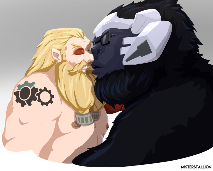 ape beard blizzard_entertainment facial_hair gorilla haplorhine hi_res human kissing male male/male mammal misterstallion mustache overwatch primate torbjorn_(overwatch) video_games winston_(overwatch)