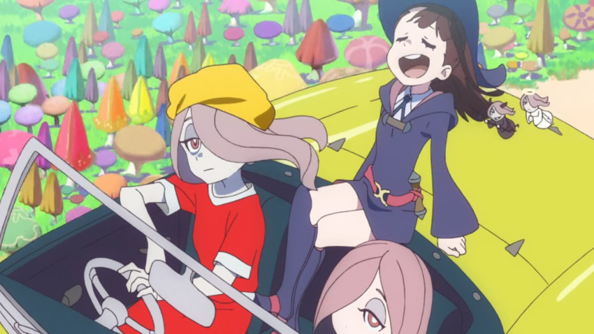 angel_and_devil brown_hair car casual clone demon_horns driving ground_vehicle halo horns kagari_atsuko little_witch_academia motor_vehicle pale_skin red_eyes screencap sucy_manbavaran tagme uniform witch