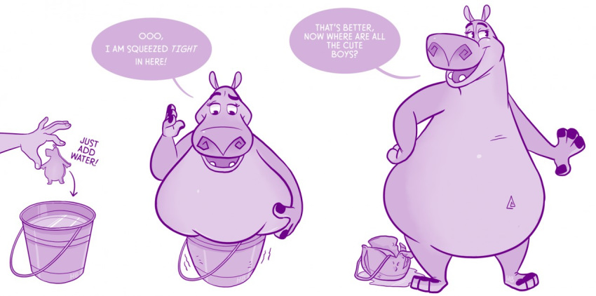 anthro broken_bucket bucket common_hippopotamus dreamworks expansion female flirting gloria_the_hippopotamus growth hippopotamid hornbuckle madagascar_(series) magic_grow mammal sponge story story_in_description stuck tight_fit transformation water