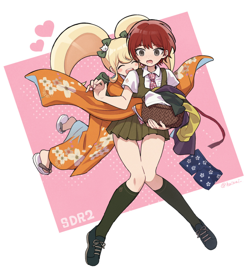 artist_name basket black_legwear blonde_hair blush_stickers bow cat_hair_ornament closed_eyes commentary_request copyright_name danganronpa_(series) danganronpa_2:_goodbye_despair floral_print full_body green_bow green_legwear green_skirt hair_bow hair_ornament heart highres hug hug_from_behind japanese_clothes kimono kneehighs koizumi_mahiru legs_together long_hair male_underwear multiple_girls necktie obi open_mouth orange_kimono plaid_neckwear pleated_skirt red_hair saionji_hiyoko sandals sash shirt shoes short_hair short_sleeves skirt smile takagiri twintails underwear underwear_removed white_shirt