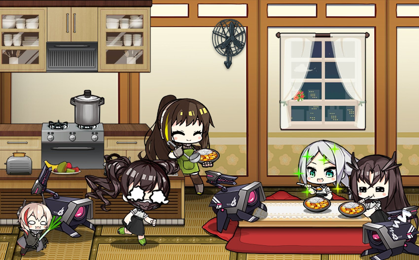 5girls :3 alternate_costume alternate_hairstyle apron bangs black_hair black_jacket black_legwear black_skirt blonde_hair blush_stickers brown_hair chibi closed_eyes curry dinergate_(girls_frontline) eating english_commentary executioner_(girls_frontline) fan food full_body girls_frontline gloves green_eyes green_hair green_legwear gun hair_between_eyes headgear headphones highres holding hunter_(girls_frontline) indoors jacket kitchen kotatsu long_hair long_sleeves m4_sopmod_ii_jr m4a1_(girls_frontline) multicolored_hair multiple_girls night o_o open_mouth ponytail red_hair robot running sangvis_ferri scarecrow_(girls_frontline) shirt sitting skirt smile soup_ladle spring_onion standing streaked_hair table the_mad_mimic toaster twintails weapon white_hair white_shirt