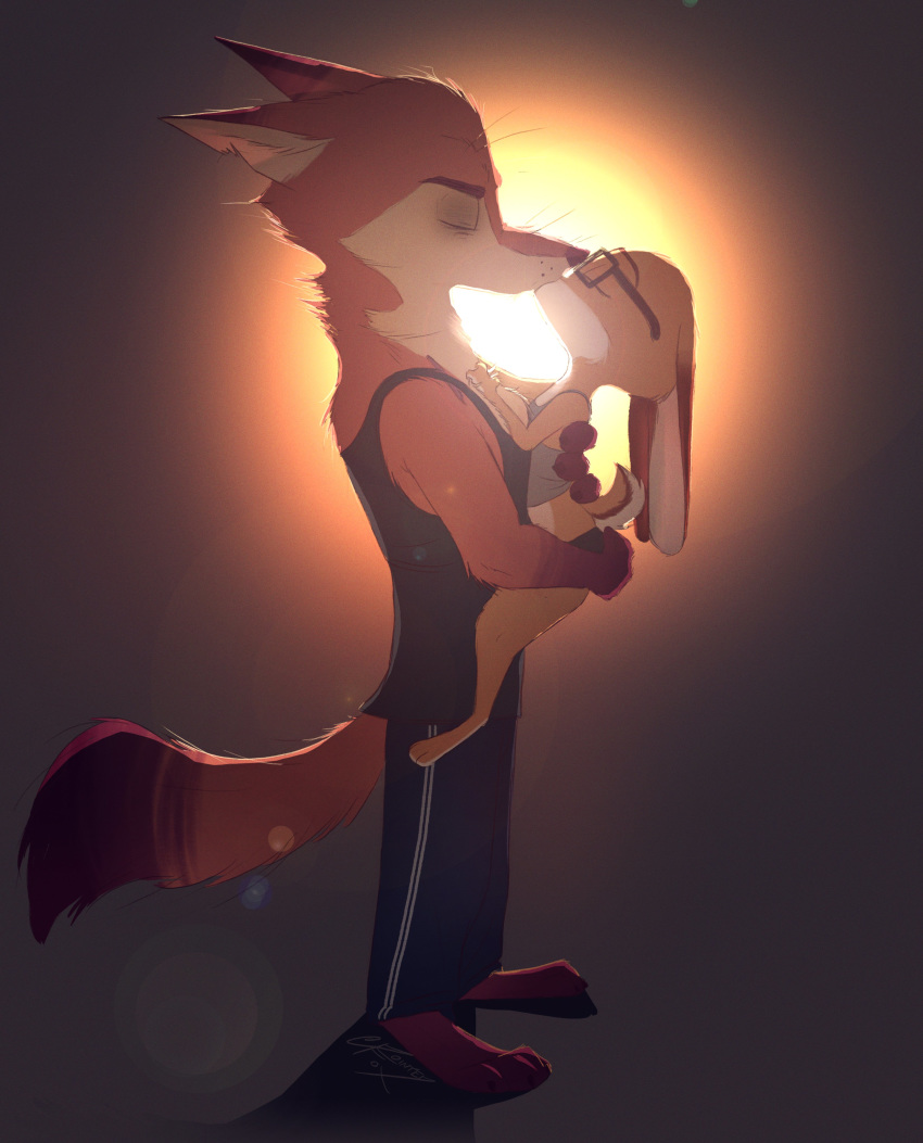2020 absurd_res anthro anthro_on_anthro backlighting barefoot canid canine carrying cider_(ciderbunart) clothed clothing duo female fox fully_clothed hi_res lagomorph leporid light lighting male male/female mammal midriff notched_ear pointedfox pointedfox_(character) rabbit shirt side_view simple_background standing tank_top topwear