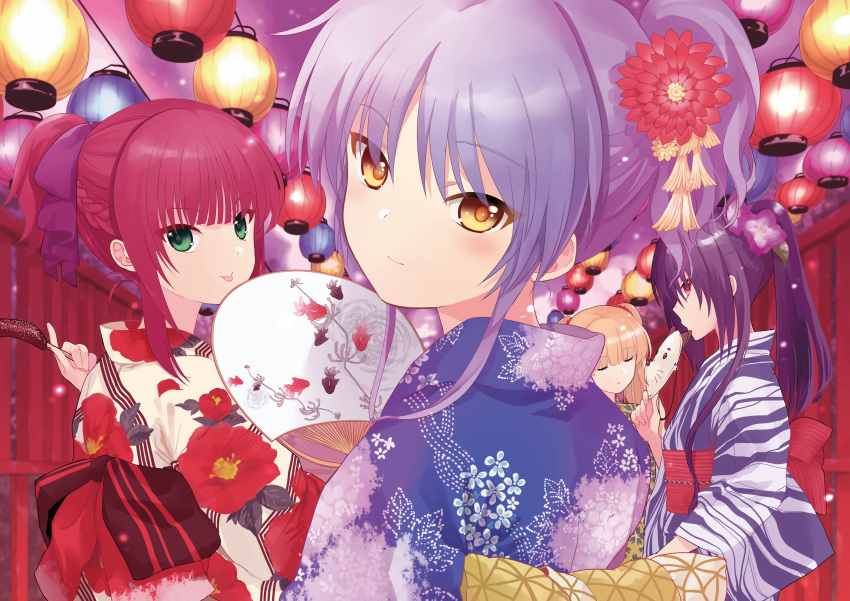 4girls absurdres angel_beats! asami_yuriko bangs blonde_hair bow braid closed_eyes closed_mouth fan festival floral_print flower food french_braid green_eyes hair_between_eyes hair_bow hair_flower hair_ornament hibiscus_print high_ponytail highres holding holding_fan holding_food japanese_clothes kimono long_hair looking_at_viewer looking_back multiple_girls ponytail print_kimono purple_bow purple_flower purple_hair red_eyes red_flower red_hair shiina_(angel_beats!) silver_hair smile tenshi_(angel_beats!) tied_hair tongue tongue_out upper_body white_kimono yellow_eyes yuri_(angel_beats!) yusa_(angel_beats!)