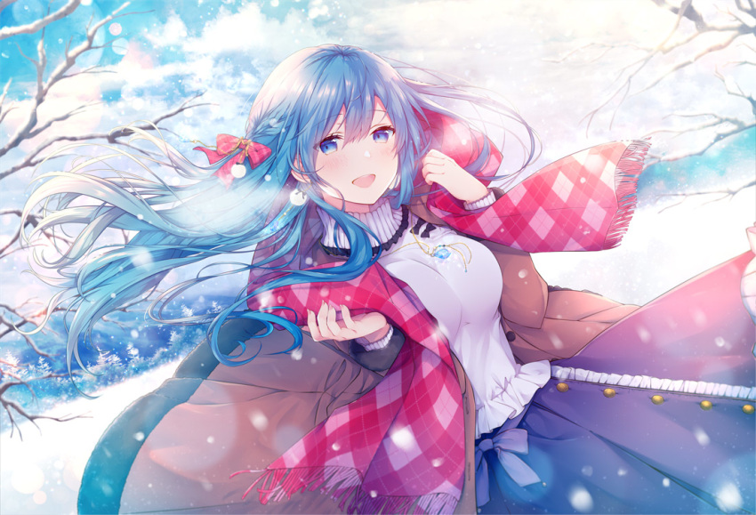1girl :d azu_torako bangs banned_artist blue_eyes blue_hair bow braid breasts brown_coat coat commentary_request day emori_miku emori_miku_project eyebrows_visible_through_hair floating_hair frilled_skirt frills fringe_trim hair_between_eyes hair_bow hands_up long_hair looking_at_viewer medium_breasts official_art open_clothes open_coat open_mouth outdoors pink_scarf plaid plaid_bow plaid_scarf pleated_skirt purple_skirt red_bow scarf shirt skirt smile snow solo tree_branch turtleneck very_long_hair white_shirt