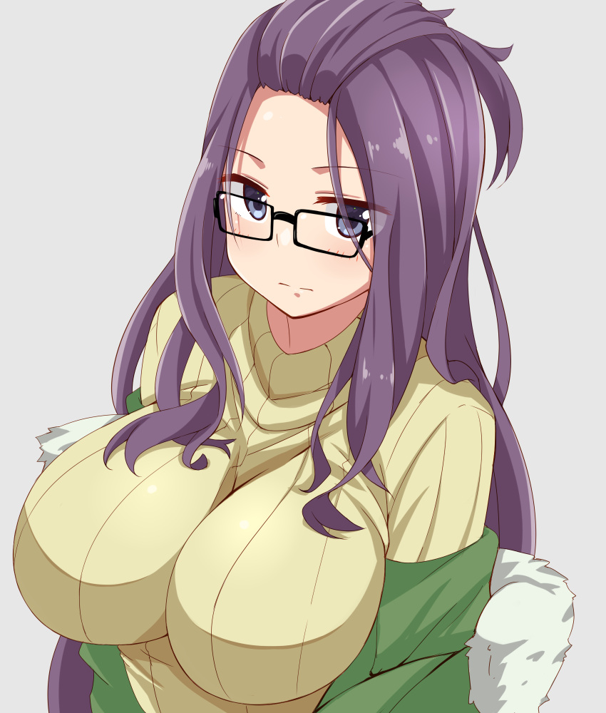 1girl bangs bangs_pinned_back black-framed_eyewear blush breasts commentary_request dou-t eyebrows_visible_through_hair glasses highres impossible_clothes impossible_sweater jacket kagamihara_sakura large_breasts long_hair long_sleeves looking_at_viewer purple_eyes purple_hair ribbed_sweater simple_background solo sweater turtleneck turtleneck_sweater upper_body yurucamp