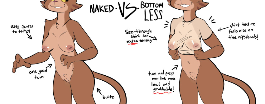 2019 anthro bottomless breasts brown_body brown_fur brown_hair carol_(samoyena) clothed clothing domestic_cat english_text felid feline felis female fur genitals hair hi_res mammal nipples nude pussy samoyena shirt simple_background solo standing t-shirt text topwear translucent translucent_clothing white_background