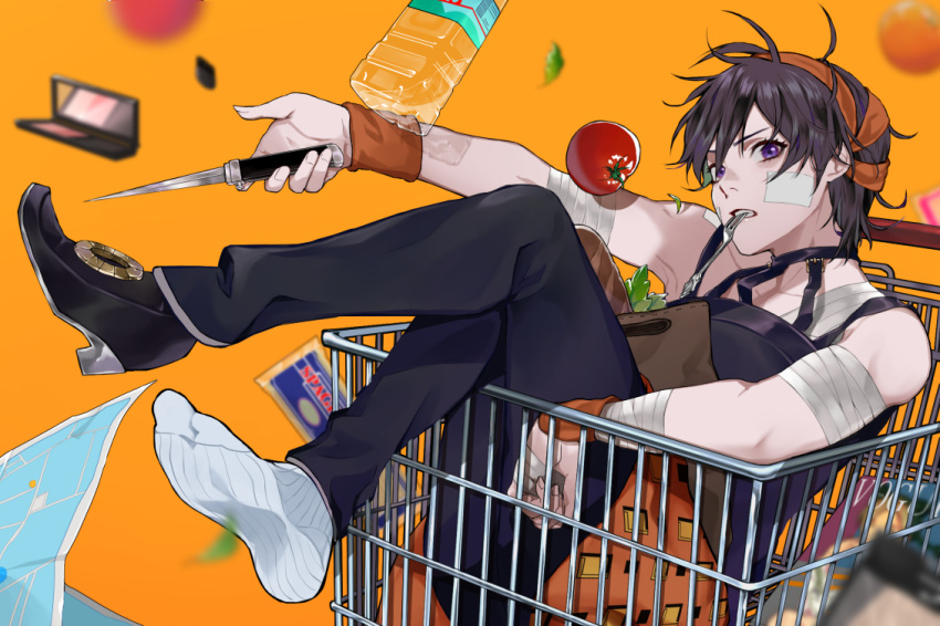 1boy bag baguette bandaged_arm bandaged_hand bandages bandaid bandaid_on_cheek bandaid_on_shoulder bangs black_choker black_footwear black_hair black_pants blurry blurry_background bottle bread choker collarbone commentary_request falling food fork headband holding holding_knife holding_weapon in_container jojo_no_kimyou_na_bouken knife legs_up looking_at_viewer magazine male_focus map_(object) mouth_hold narancia_ghirga orange_background orange_headband pants paper_bag purple_eyes sato_minato shoes shopping_cart short_hair single_shoe sleeveless socks solo teeth tomato vegetable vento_aureo weapon white_legwear wristband
