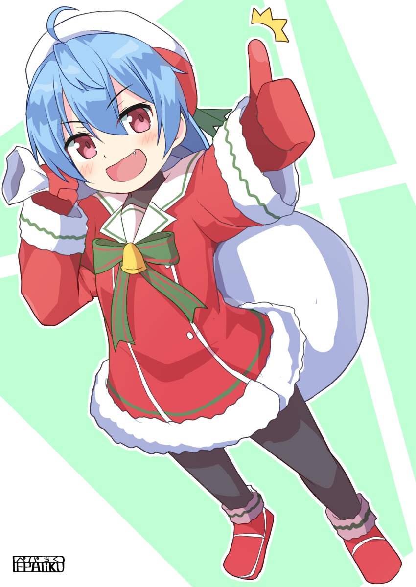 1girl ^^^ ahoge alternate_costume artist_name bangs bell black_legwear blue_hair bow christmas commentary_request dress eyebrows_visible_through_hair fang fur-trimmed_footwear green_bow hat highres holding holding_sack kantai_collection long_hair long_sleeves looking_at_viewer open_mouth over_shoulder pantyhose partial_commentary pepatiku purple_eyes red_footwear red_headwear red_mittens sack sado_(kantai_collection) sailor_collar santa_costume santa_dress santa_hat shoes short_dress short_hair signature smile solo standing thumbs_up