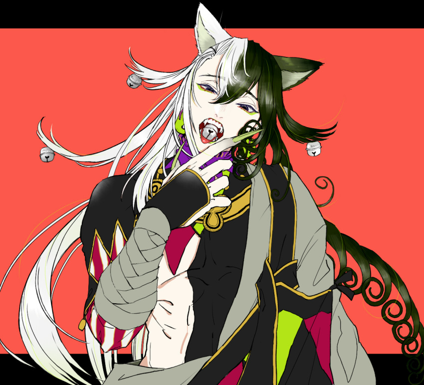 1boy animal_ears ashiya_douman_(fate) asymmetrical_clothes asymmetrical_hair bell black_eyes black_hair cat_boy cat_ears curly_hair earrings fate/grand_order fate_(series) fingernails green_eyeshadow green_kimono green_lipstick green_nails hair_bell hair_between_eyes hair_intakes hair_ornament japanese_clothes jewelry kimono lipstick long_hair looking_at_viewer magatama magatama_earrings makeup male_focus miri1120 multicolored_hair open_clothes open_kimono open_mouth ribbed_sleeves sharp_fingernails solo toned toned_male two-tone_hair upper_body very_long_hair white_hair