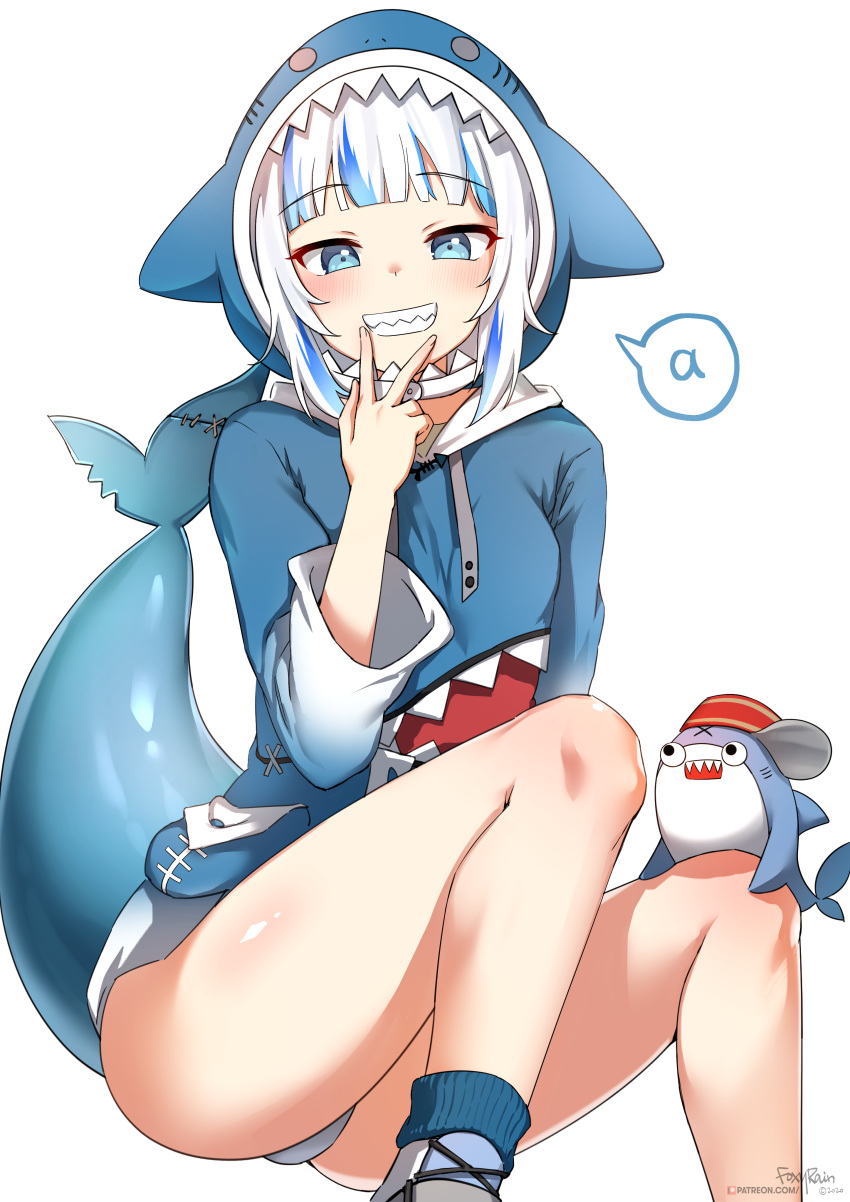 1girl a absurdres animal_hood artist_name bangs bloop_(gawr_gura) blue_eyes blue_hoodie blunt_bangs blush breasts eyebrows_visible_through_hair feet_out_of_frame fish_bone fish_tail foxyrain gawr_gura gradient_clothes grin highres hololive hololive_english hood hoodie knees_up looking_at_viewer panties red_headwear shark_hood shark_tail sharp_teeth sideways_hat simple_background sitting small_breasts smile solo spoken_letter tail teeth thighs underwear v_over_mouth virtual_youtuber white_background white_panties