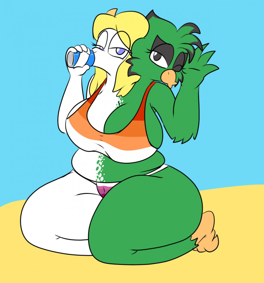 anthro avian beverage_can bikini bird bovid breasts canary caprine clothing conjoined duo female finch goat hi_res mammal oscine passerine skewedl0gic swimwear