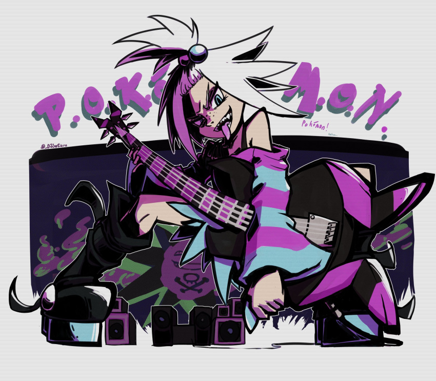 1girl bass_guitar boots bra_strap djsaturn dress forehead freckles gen_1_pokemon graffiti gym_leader hair_bobbles hair_ornament highres instrument koffing looking_at_viewer nintendo pokemon pokemon_(game) pokemon_bw2 roxie_(pokemon) shaded_face shadow sharp_teeth solo stage stereo striped striped_dress teeth tongue tongue_out topknot white_hair