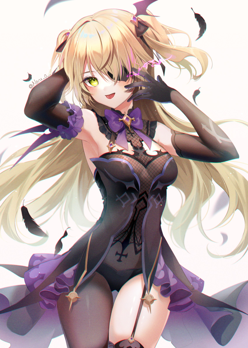 1girl absurdres arm_behind_head armpits arms_up artist_name bangs bare_shoulders black_dress black_gloves black_legwear blonde_hair bow bowtie breasts cowboy_shot detached_sleeves dress energy eyepatch feathers fischl_(genshin_impact) fishnets frills garter_straps genshin_impact gloves green_eyes hair_ornament hair_over_one_eye hair_ribbon highres huge_filesize leotard long_hair looking_at_viewer naru_0 purple_bow revealing_clothes revision ribbon simple_background single_leg_pantyhose single_thighhigh small_breasts solo standing thigh_gap thighhighs thighs tongue tongue_out two_side_up white_background