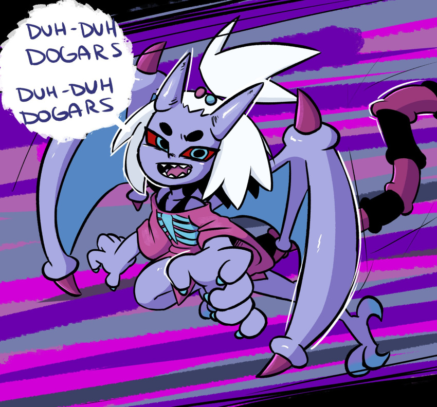 1girl boots bra_strap claws commission dress forehead gym_leader hair_bobbles hair_ornament highres jellot metroid nintendo pokemon pokemon_(game) pokemon_bw2 ridley roxie_(pokemon) sharp_teeth speech_bubble striped tail teeth topknot white_hair wings