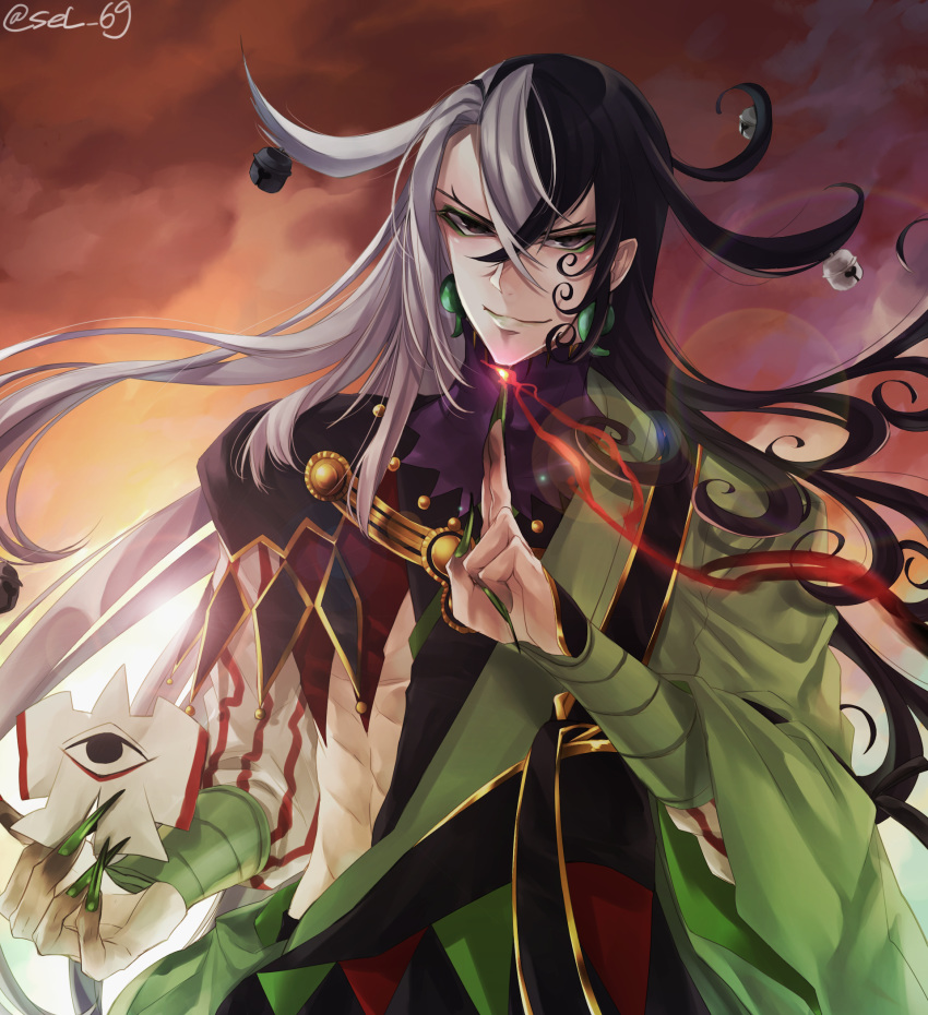 1boy ashiya_douman_(fate) asymmetrical_clothes asymmetrical_hair black_eyes black_hair curly_hair earrings energy fate/grand_order fate_(series) fingernails green_eyeshadow green_kimono green_lipstick green_nails hair_between_eyes hair_intakes hand_gesture highres japanese_clothes jewelry kimono lipstick long_hair magatama magatama_earrings makeup male_focus multicolored_hair open_clothes open_kimono ribbed_sleeves sel_(kagami6) sharp_fingernails shikigami solo toned toned_male two-tone_hair upper_body very_long_hair white_hair