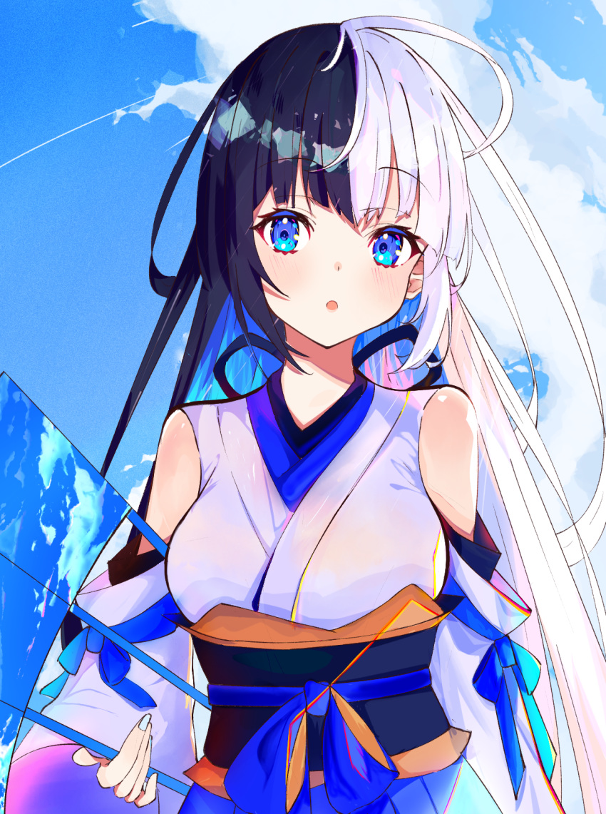 1girl black_hair blue_sky cloud day detached_sleeves fan folding_fan hanamizuki_yuuki highres holding japanese_clothes kimono multicolored_hair original outdoors silver_nails sky solo surfboard two-tone_hair white_hair