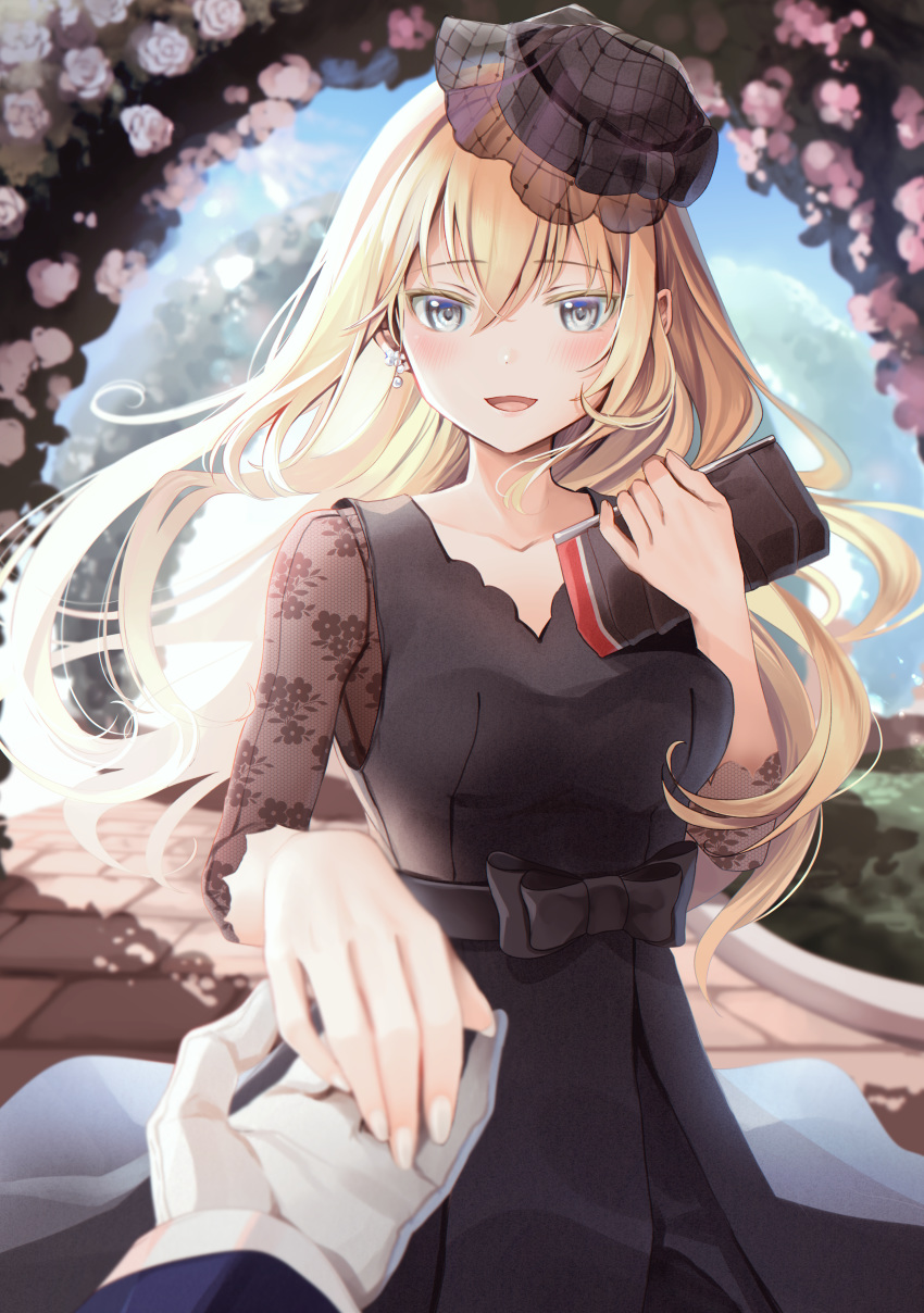 1boy 1girl absurdres alternate_costume bag bangs bismarck_(kantai_collection) black_dress blonde_hair blue_eyes collarbone dress earrings gloves hair_between_eyes handbag highres holding holding_bag holding_hands huge_filesize jewelry kantai_collection long_hair long_sleeves looking_at_viewer open_mouth outdoors see-through see-through_sleeves smile solo_focus white_gloves yunamaro