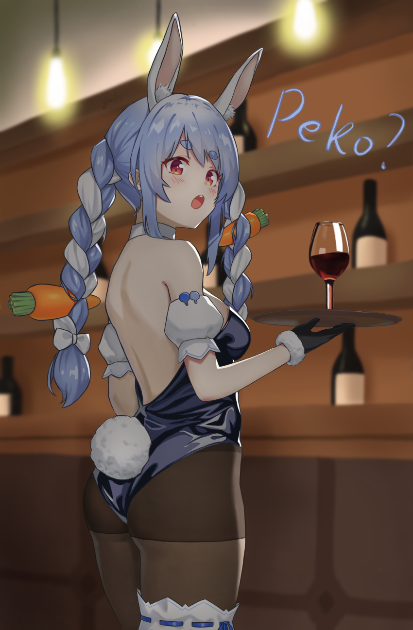 1girl :o absurdres alcohol animal_ears ass bangs bare_back black_gloves black_legwear black_leotard blue_hair blurry blurry_background blush bottle bow braid bunny_ears bunny_tail carrot_hair_ornament cowboy_shot cup detached_collar detached_sleeves drinking_glass eyebrows_visible_through_hair food_themed_hair_ornament fur_trim gloves guiter hair_between_eyes hair_bow hair_ornament highres holding holding_tray hololive indoors leg_garter leotard lights long_hair looking_at_viewer multicolored_hair orange_eyes pantyhose playboy_bunny puffy_short_sleeves puffy_sleeves shelf short_sleeves silver_hair solo standing tail tray twin_braids twintails two-tone_hair usada_pekora virtual_youtuber white_bow wine wine_bottle wine_glass