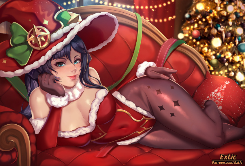 1girl aqua_eyes black_hair breasts christmas cleavage couch covered_nipples detached_sleeves exlic feet_out_of_frame fur_collar fur_trim genshin_impact gloves hat indoors large_breasts leotard lips long_hair lying mona_(genshin_impact) on_side pantyhose patreon_username pillow red_headwear red_leotard santa_leotard smile solo window witch_hat