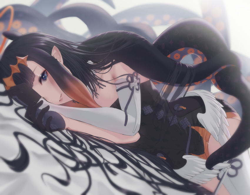 1girl absurdres bangs black_dress black_gloves black_hair blue_eyes blunt_bangs blush detached_sleeves dress dutch_angle eyebrows_visible_through_hair feathered_wings gloves gradient_hair highres hololive hololive_english long_sleeves looking_at_viewer low_wings lying multicolored_hair ninomae_ina'nis on_side orange_hair parted_lips patterned_clothing pointy_ears short_dress single_detached_sleeve single_thighhigh smile solo strapless strapless_dress tentacles thighhighs virtual_youtuber white_legwear white_wings wings xi-u