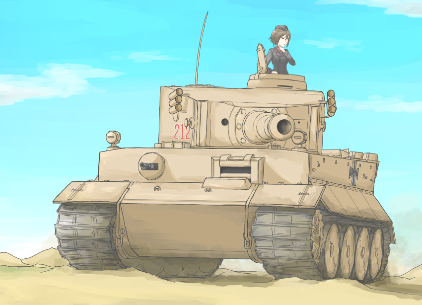 1girl absurdres artist_request brown_eyes brown_hair caterpillar_tracks cloud commentary_request day emblem girls_und_panzer ground_vehicle hat highres kuromorimine_(emblem) kuromorimine_military_uniform military military_hat military_vehicle motor_vehicle nishizumi_maho short_hair sky smoke solo tank tiger_i