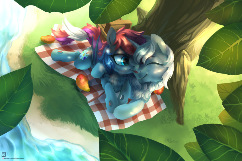 2019 3:2 arthropod basket bat_pony blue_body blue_eyes blue_fur changeling chest_tuft creek crystal_tundra cuddling cutie_mark duo english_text equid equine eyes_closed face_lick fan_character female food friendship_is_magic fruit fur hasbro hi_res horn hybrid jedayskayvoker leaf licking licking_muzzle male male/female mammal mane membrane_(anatomy) membranous_wings multicolored_mane multicolored_tail my_little_pony outside picnic_basket picnic_blanket pink_mane pink_tail plant purple_wings red_mane red_tail signature smile surreal_nightmares text tongue tongue_out tree tuft unicorn url white_mane wings