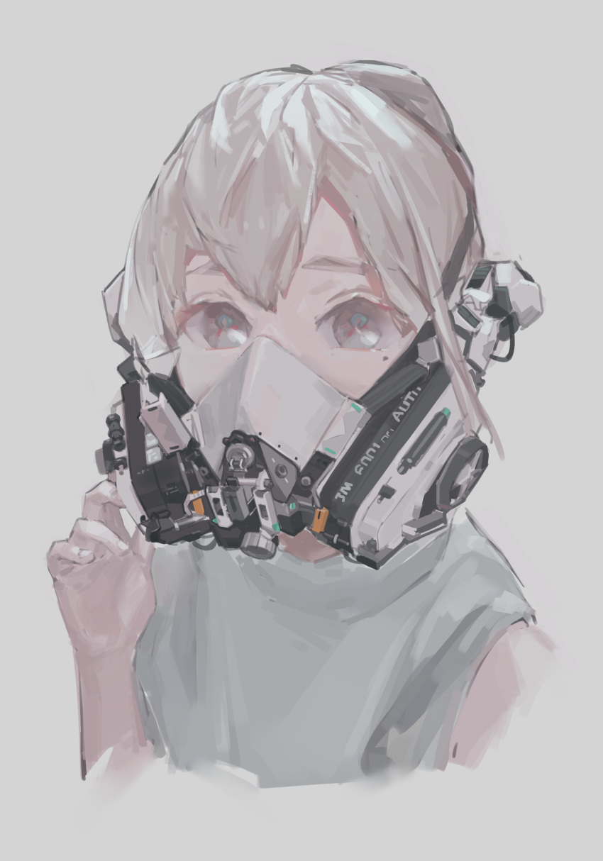 1girl absurdres fingernails grey_background grey_eyes grey_hair grey_theme highres looking_at_viewer mask mechanical mole mole_under_eye mouth_mask original short_hair simple_background solo upper_body zygocactus