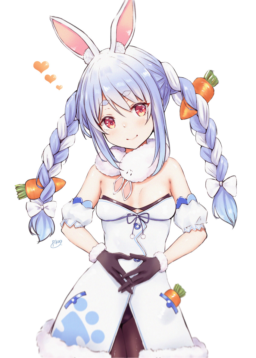 1girl absurdres animal_ear_fluff animal_ears bangs bare_shoulders black_bra black_gloves black_leotard blue_hair blue_ribbon blush bow bra braid breasts bunny_ears carrot carrot_hair_ornament cleavage closed_mouth commentary_request cowboy_shot detached_sleeves don-chan_(usada_pekora) eyebrows_visible_through_hair food_themed_hair_ornament fur_trim gloves hair_between_eyes hair_bow hair_ornament head_tilt heart highres hololive interlocked_fingers leotard long_hair looking_at_viewer multicolored_hair pantyhose pikao pom_pom_(clothes) puffy_short_sleeves puffy_sleeves ribbon short_sleeves silver_hair simple_background small_breasts smile solo standing twin_braids twintails two-tone_hair underwear usada_pekora virtual_youtuber white_background white_bow