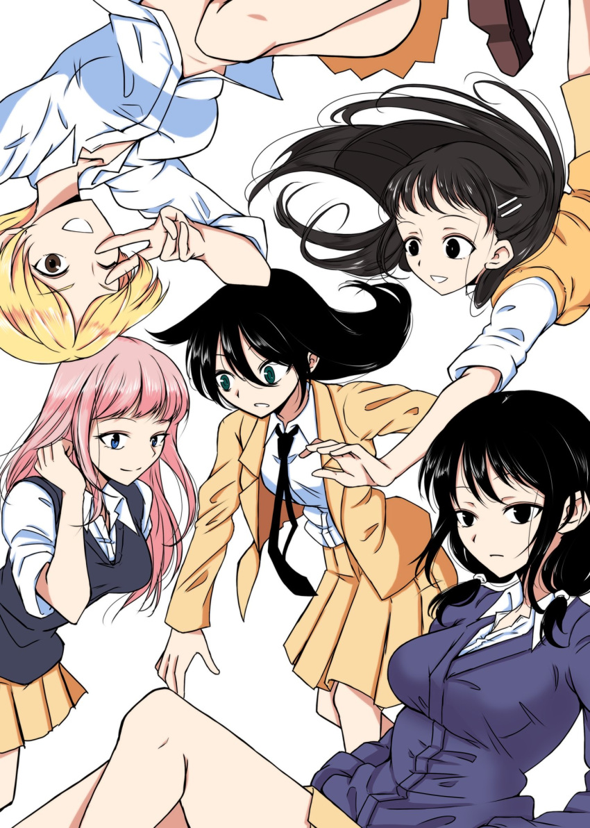 ;) bangs black_eyes black_hair blazer blonde_hair blue_eyes brown_eyes cardigan cardigan_vest closed_mouth falling green_eyes highres hirasawa_shizuku jacket katou_asuka kuroki_tomoko long_hair looking_at_viewer multiple_girls narita_miho necktie one_eye_closed open_mouth osumoto1 pleated_skirt school_uniform shirt short_hair skirt smile tamura_yuri watashi_ga_motenai_no_wa_dou_kangaetemo_omaera_ga_warui!