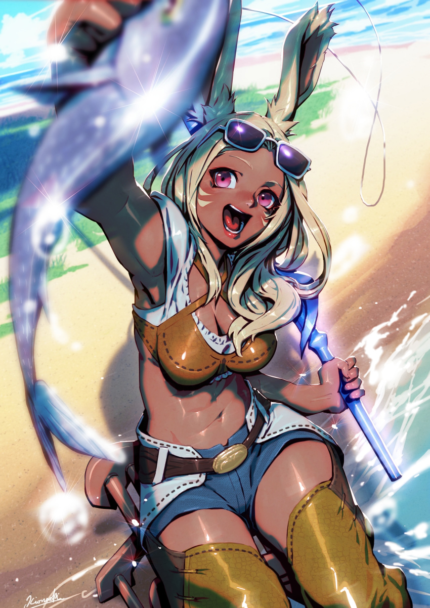 1girl animal animal_ears arm_up armpits beach belt belt_buckle breasts buckle bunny_ears chaps cleavage cloud criss-cross_halter dark_skin facial_mark final_fantasy final_fantasy_xiv fish fishing fishing_rod from_above halterneck happy highres holding holding_animal holding_fish kio_naoki lens_flare lipstick long_hair makeup midriff navel ocean open_mouth outdoors pink_eyes shadow short_shorts shorts signature sitting sky solo stool tongue viera water