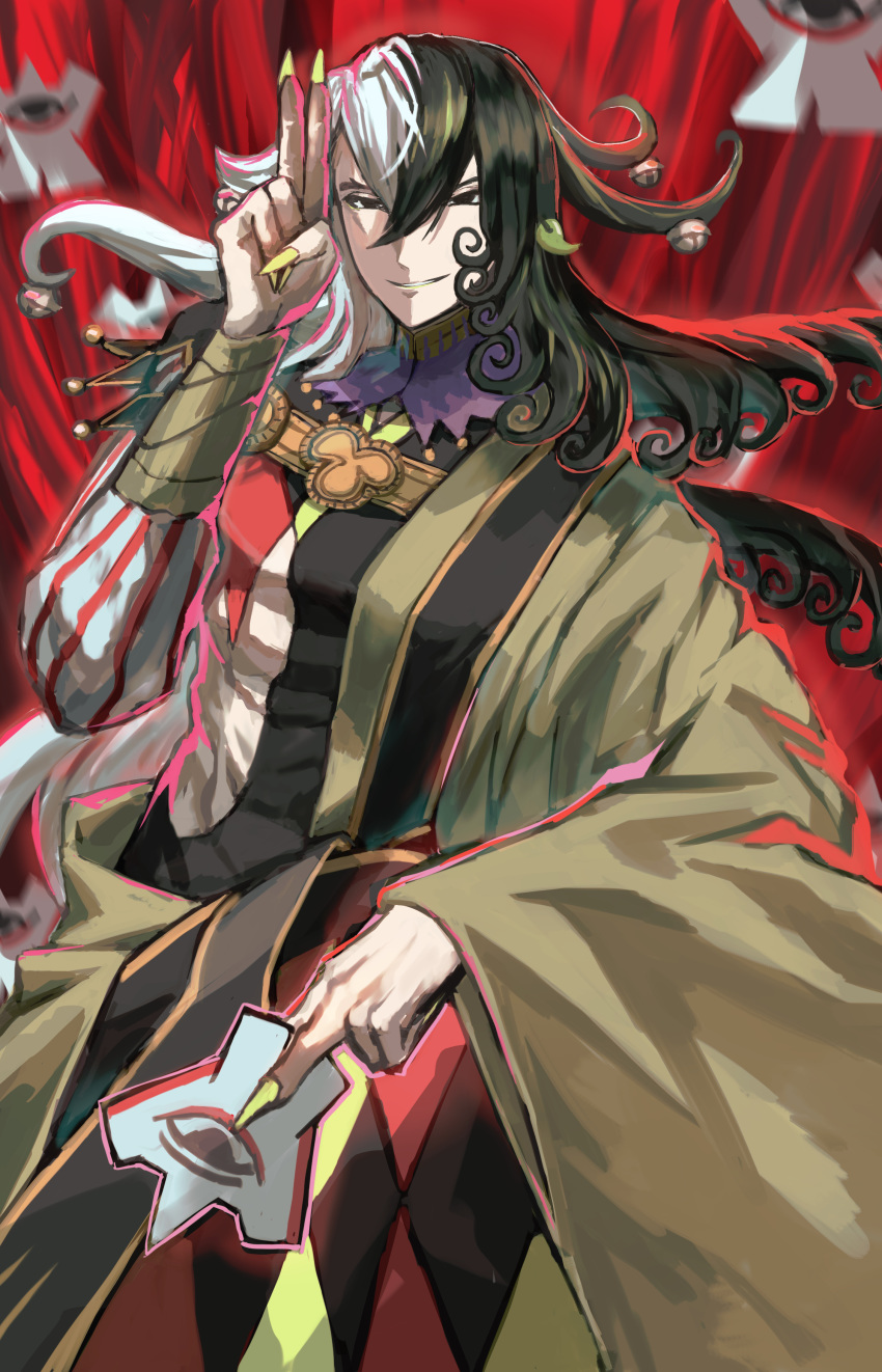 1boy absurdres ashiya_douman_(fate) asymmetrical_clothes asymmetrical_hair backlighting bell black_eyes black_hair cowboy_shot curly_hair earrings fate/grand_order fate_(series) fingernails floating floating_hair floating_object green_eyeshadow green_kimono green_lipstick green_nails hair_bell hair_between_eyes hair_intakes hair_ornament highres holding japanese_clothes jewelry kimono lipstick long_hair magatama magatama_earrings makeup male_focus multicolored_hair open_clothes open_kimono ribbed_sleeves salute sharp_fingernails shikigami smile solo toned toned_male tsugu0302 two-finger_salute two-tone_hair very_long_fingernails very_long_hair white_hair