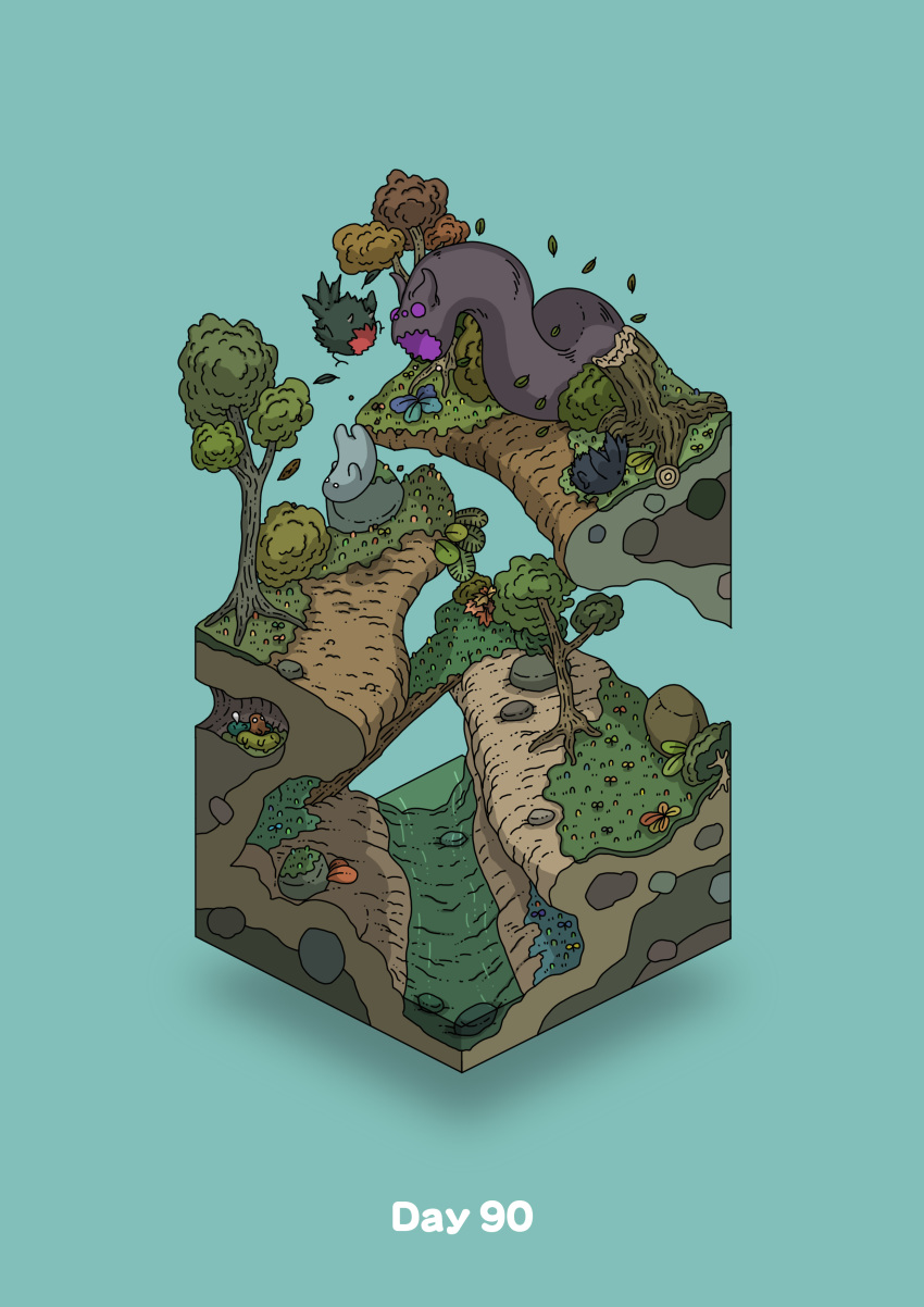 absurdres aqua_background boulder commentary creature diorama falling gozz highres horns isometric leaf monster open_mouth original purple_eyes river tree