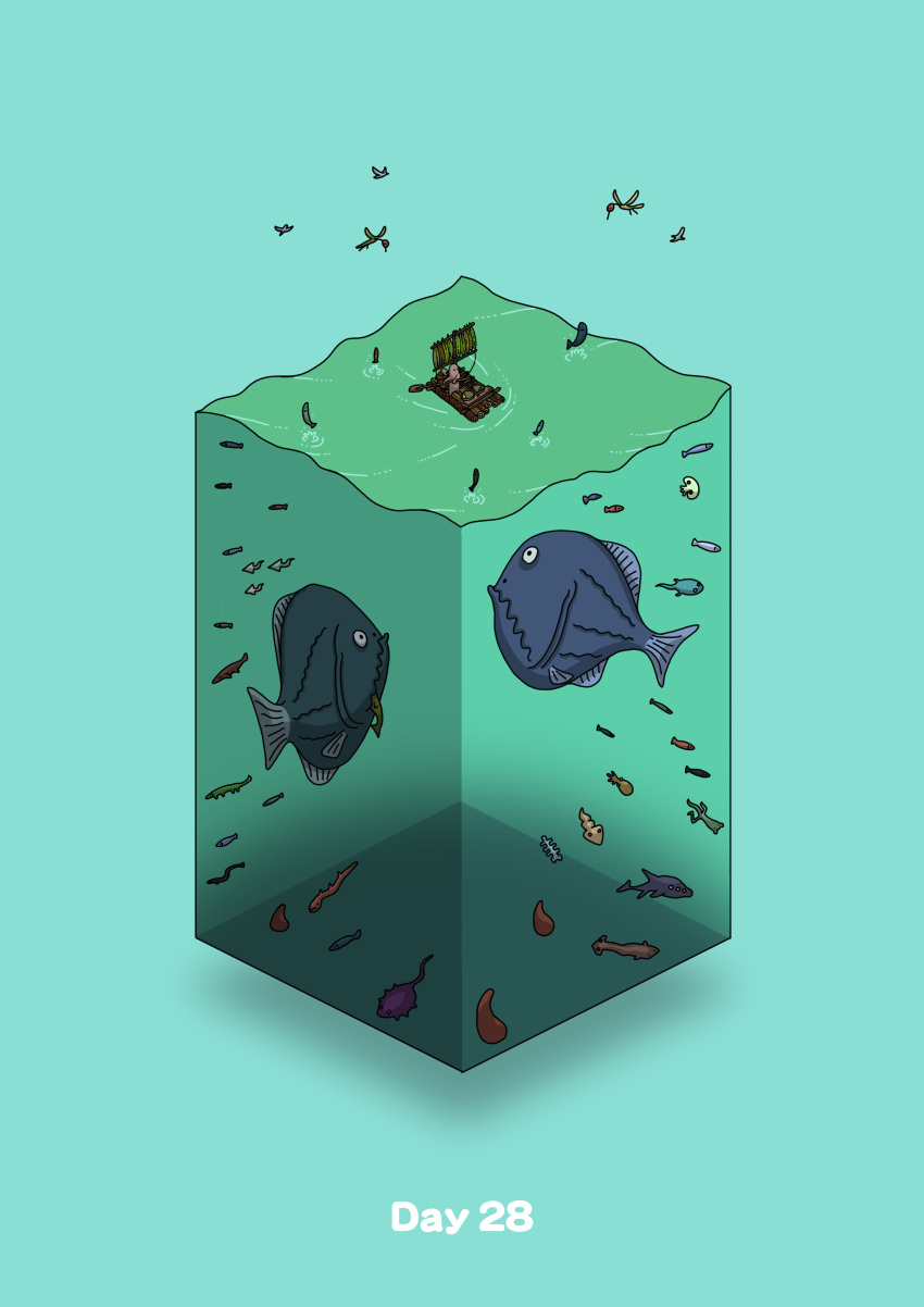 absurdres aqua_background bug commentary_request diorama fish gozz highres insect isometric jellyfish ocean original paddle raft sailing stingray