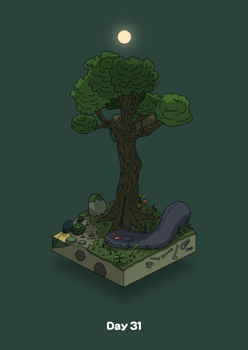 absurdres animal bone boulder commentary_request diorama full_moon gozz green_background highres in_tree isometric lying monkey moon mos night on_stomach original plant red_eyes skull sleeping tree vines