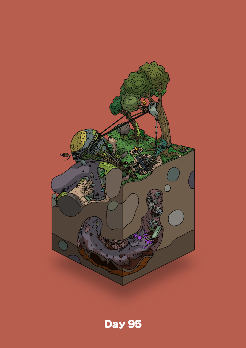 absurdres boned_meat campfire climbing commentary_request diorama food gozz highres isometric meat monster oil olmec_head original purple_eyes red_background rope torch tree