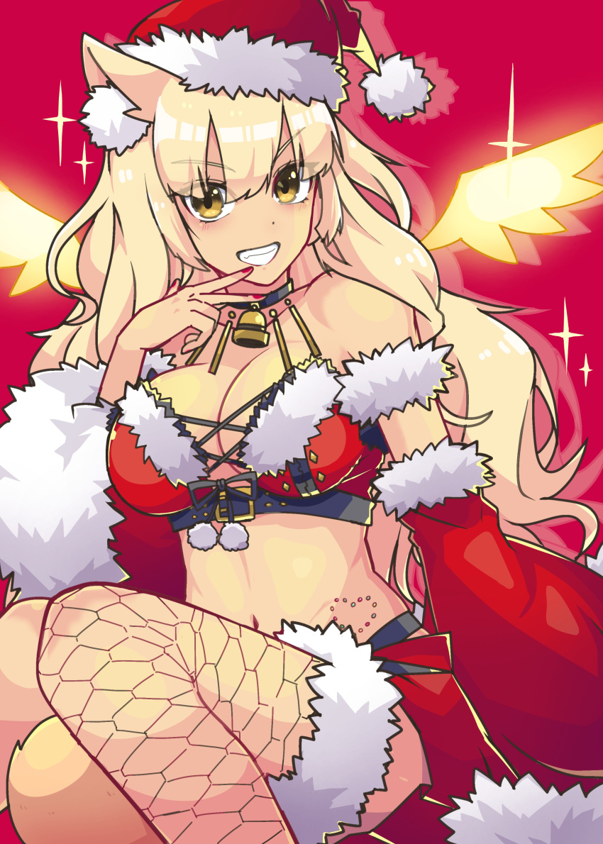 1girl absurdres animal_ear_fluff animal_ears bangs bare_shoulders bell bell_choker blonde_hair breasts choker cleavage collarbone dark_skin dark_skinned_female detached_sleeves energy_wings fate/grand_order fate/grand_order_arcade fate_(series) fox_ears fox_girl fox_tail fur_trim grin gyaru hat highres large_breasts long_hair looking_at_viewer nazono77 red_background santa_costume santa_hat smile sparkle suzuka_gozen_(fate) suzuka_gozen_(santa)_(fate) tail tan v wide_sleeves wings